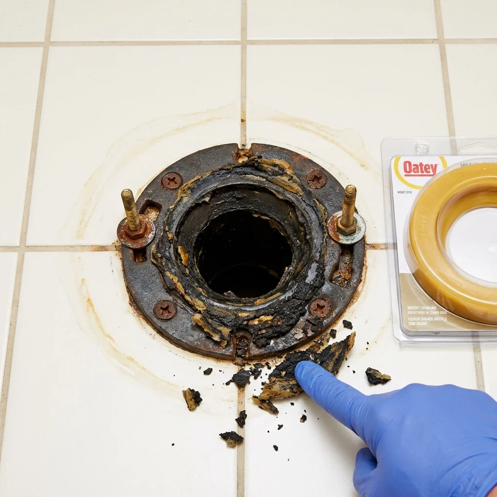 Failed wax ring showing water seepage at the base of a toilet in a Richland, PA home
