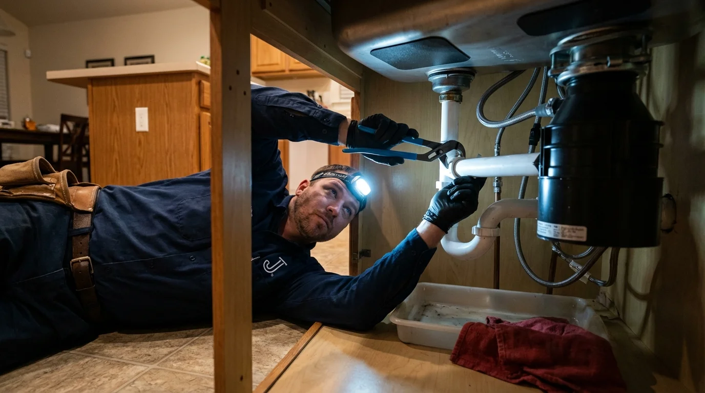 P-trap and supply line connections under a kitchen sink showing a common leak point in Richland, PA